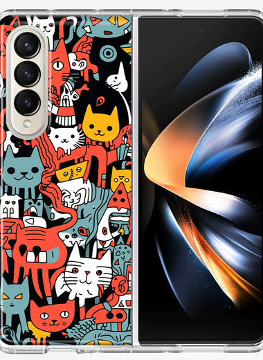 Samsung Galaxy Z Fold 4 Psychedelic Cute Cats Friends Pop Art Hybrid Protective Phone Case Cover