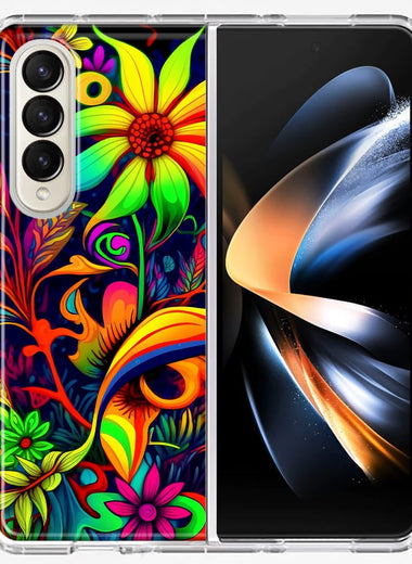 Samsung Galaxy Z Fold 4 Neon Rainbow Psychedelic Trippy Hippie Daisy Flowers Hybrid Protective Phone Case Cover
