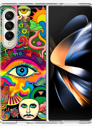 Samsung Galaxy Z Fold 4 Neon Rainbow Psychedelic Trippy Hippie Multiple Eyes Hybrid Protective Phone Case Cover