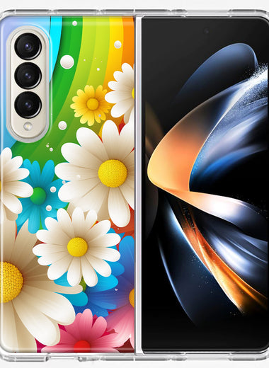 Samsung Galaxy Z Fold 4 Colorful Rainbow Daisies Blue Pink White Green Double Layer Phone Case Cover