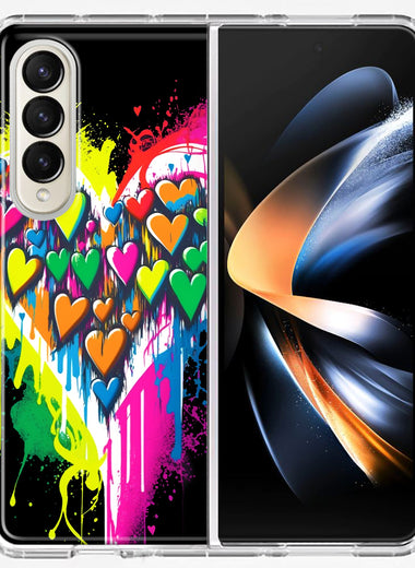 Samsung Galaxy Z Fold 4 Colorful Rainbow Hearts Love Graffiti Painting Hybrid Protective Phone Case Cover