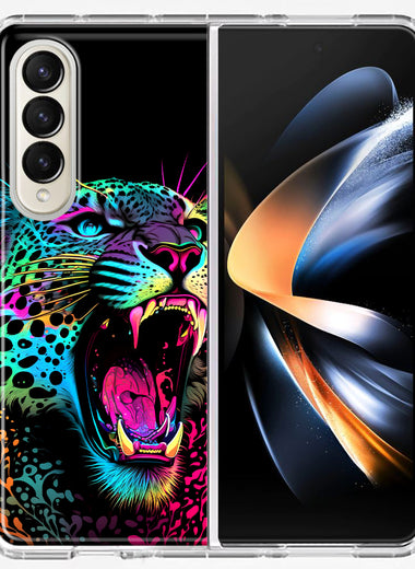 Samsung Galaxy Z Fold 4 Neon Rainbow Glow Colorful Leopard Hybrid Protective Phone Case Cover