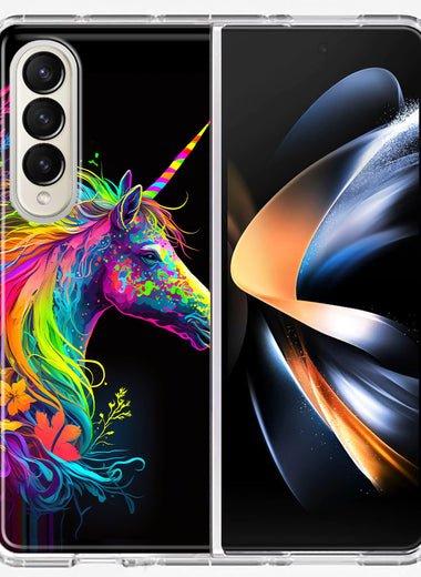 Samsung Galaxy Z Fold 4 Neon Rainbow Glow Unicorn Floral Hybrid Protective Phone Case Cover