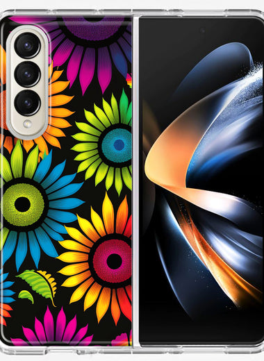 Samsung Galaxy Z Fold 4 Neon Rainbow Glow Sunflowers Colorful Floral Pink Purple Double Layer Phone Case Cover