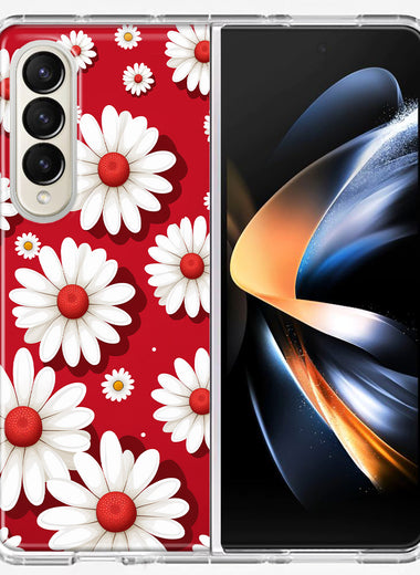 Samsung Galaxy Z Fold 4 Cute White Red Daisies Polkadots Double Layer Phone Case Cover