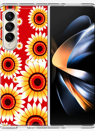 Samsung Galaxy Z Fold 4 Yellow Sunflowers Polkadot on Red Double Layer Phone Case Cover