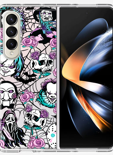 Samsung Galaxy Z Fold 4 Roses Halloween Spooky Horror Characters Spider Web Hybrid Protective Phone Case Cover