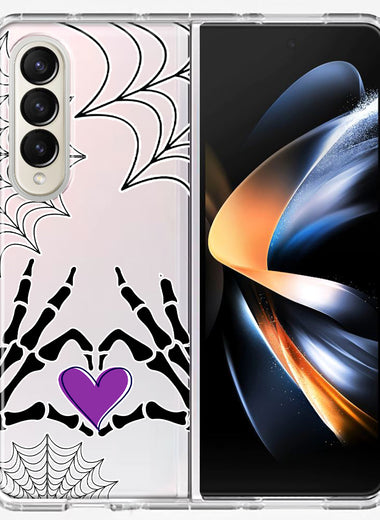 Samsung Galaxy Z Fold 4 Halloween Skeleton Heart Hands Spooky Spider Web Hybrid Protective Phone Case Cover