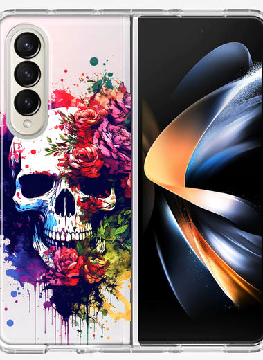Samsung Galaxy Z Fold 4 Fantasy Skull Red Purple Roses Hybrid Protective Phone Case Cover