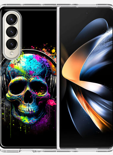 Samsung Galaxy Z Fold 4 Fantasy Skull Headphone Colorful Pop Art Hybrid Protective Phone Case Cover