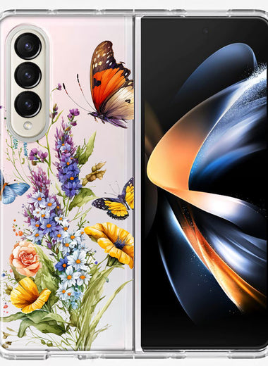 Samsung Galaxy Z Fold 4 Yellow Purple Spring Flowers Butterflies Floral Hybrid Protective Phone Case Cover