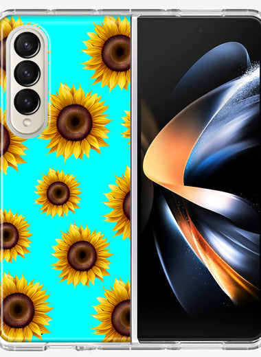Samsung Galaxy Z Fold 4 Yellow Sunflowers Polkadot on Turquoise Teal Double Layer Phone Case Cover