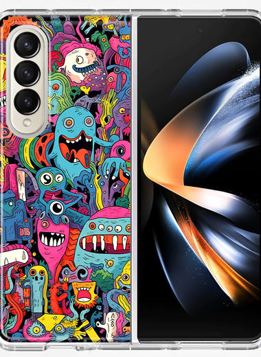 Samsung Galaxy Z Fold 4 Psychedelic Trippy Happy Aliens Characters Hybrid Protective Phone Case Cover