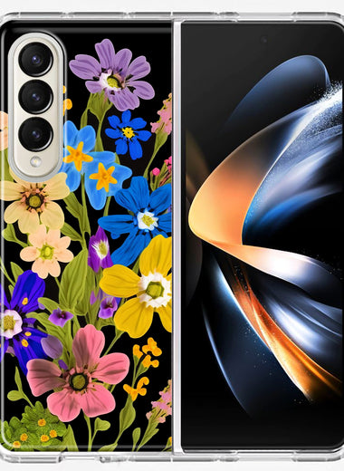 Samsung Galaxy Z Fold 4 Blue Yellow Vintage Spring Wild Flowers Floral Hybrid Protective Phone Case Cover