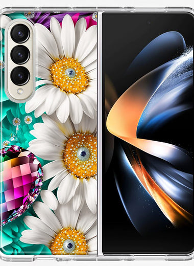 Samsung Galaxy Z Fold 4 Colorful Crystal White Daisies Rainbow Gems Teal Double Layer Phone Case Cover