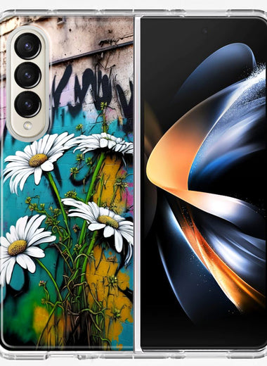 Samsung Galaxy Z Fold 4 White Daisies Graffiti Wall Art Painting Hybrid Protective Phone Case Cover