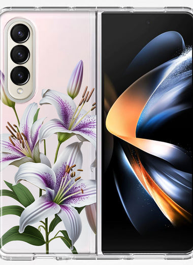 Samsung Galaxy Z Fold 4 White Lavender Lily Purple Flowers Floral Hybrid Protective Phone Case Cover