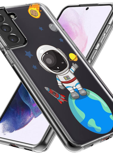 Mundaze - Case for Samsung Galaxy S22 Ultra Slim Shockproof Hard Shell Soft TPU Heavy Duty Protective Phone Cover - Cute Astronaut Earth Mars Rocket