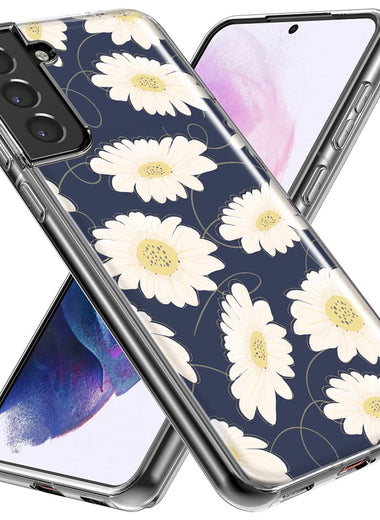 Mundaze - Case for Samsung Galaxy S22 Ultra Slim Shockproof Hard Shell Soft TPU Heavy Duty Protective Phone Cover - Cute White Daisies Blue