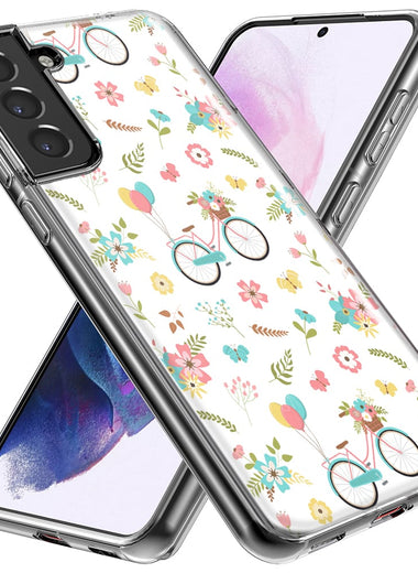 Mundaze - Case for Samsung Galaxy S24 Slim Shockproof Hard Shell Soft TPU Heavy Duty Protective Phone Cover - Cute Spring Floral Bicycles
