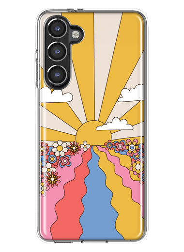 Mundaze - Case for Samsung Galaxy S23 Plus Slim Shockproof Hard Shell Soft TPU Heavy Duty Protective Phone Cover - Retro Sunset Flower Field