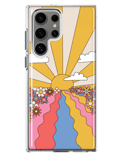 Mundaze - Case for Samsung Galaxy S22 Ultra Slim Shockproof Hard Shell Soft TPU Heavy Duty Protective Phone Cover - Retro Sunset Flower Field