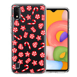 Samsung Galaxy A01 Christmas Winter Red White Peppermint Candies Swirls Candycanes Design Double Layer Phone Case Cover
