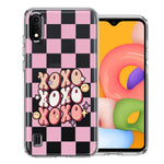 Samsung Galaxy A01 Retro Pink Checkered XOXO Vintage 70s Style Hippie Valentine Love Double Layer Phone Case Cover