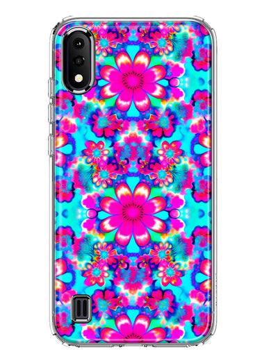 Samsung Galaxy A01 Pink Blue Vintage Hippie Tie Dye Flowers Hybrid Protective Phone Case Cover