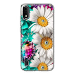 Samsung Galaxy A01 Colorful Crystal White Daisies Rainbow Gems Teal Double Layer Phone Case Cover