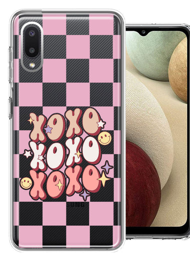 Samsung Galaxy A02 Retro Pink Checkered XOXO Vintage 70s Style Hippie Valentine Love Double Layer Phone Case Cover