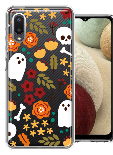 Samsung Galaxy A02 Spooky Season Fall Autumn Flowers Ghosts Skulls Halloween Double Layer Phone Case Cover