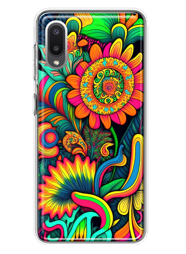 Samsung Galaxy A02 Neon Rainbow Psychedelic Indie Hippie Sunflowers Hybrid Protective Phone Case Cover