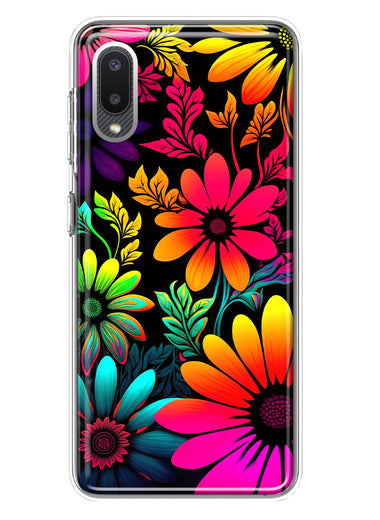 Samsung Galaxy A02 Neon Rainbow Glow Colorful Abstract Flowers Floral Hybrid Protective Phone Case Cover