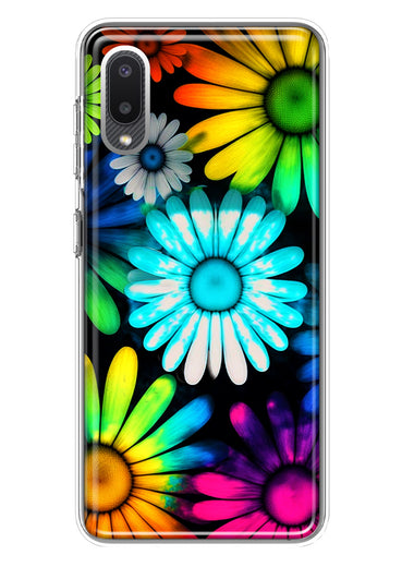 Samsung Galaxy A02 Neon Rainbow Daisy Glow Colorful Daisies Baby Blue Pink Yellow White Double Layer Phone Case Cover