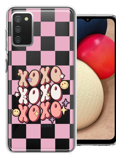 Samsung Galaxy A02S Retro Pink Checkered XOXO Vintage 70s Style Hippie Valentine Love Double Layer Phone Case Cover