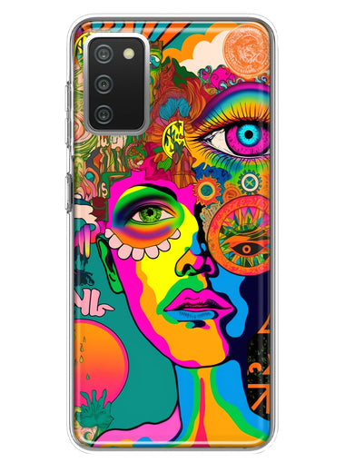 Samsung Galaxy A02S Neon Rainbow Psychedelic Hippie One Eye Pop Art Hybrid Protective Phone Case Cover
