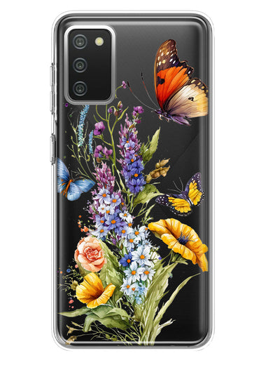 Samsung Galaxy A02S Yellow Purple Spring Flowers Butterflies Floral Hybrid Protective Phone Case Cover