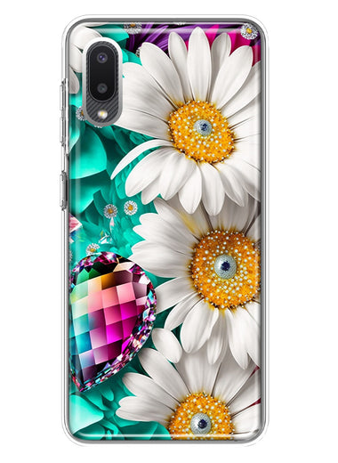 Samsung Galaxy A02 Colorful Crystal White Daisies Rainbow Gems Teal Double Layer Phone Case Cover