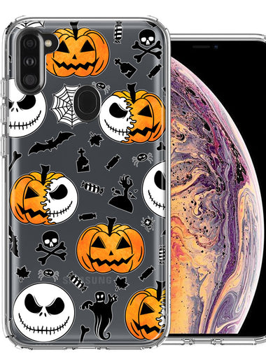 Samsung Galaxy A11 Halloween Jack-O-Lantern Pumpkin Skull Spooky Design Double Layer Phone Case Cover