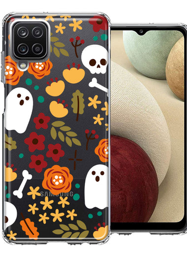 Samsung Galaxy A12 Spooky Season Fall Autumn Flowers Ghosts Skulls Halloween Double Layer Phone Case Cover