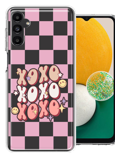 Samsung Galaxy A13 Retro Pink Checkered XOXO Vintage 70s Style Hippie Valentine Love Double Layer Phone Case Cover