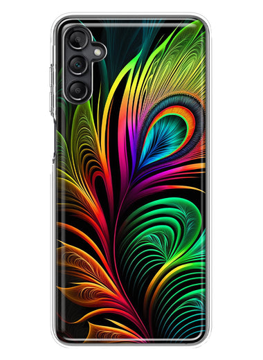 Samsung Galaxy A14 5G Neon Rainbow Glow Peacock Feather Hybrid Protective Phone Case Cover