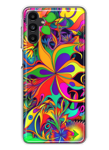 Samsung Galaxy A14 5G Neon Rainbow Psychedelic Hippie Wild Flowers Hybrid Protective Phone Case Cover