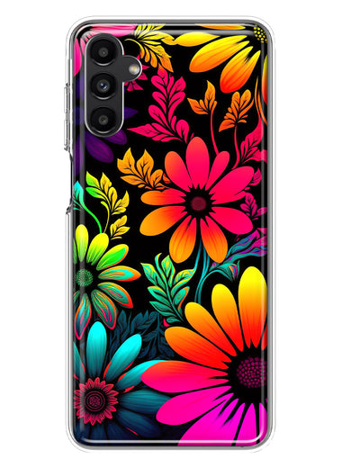 Samsung Galaxy A14 5G Neon Rainbow Glow Colorful Abstract Flowers Floral Hybrid Protective Phone Case Cover