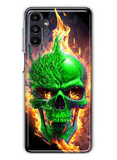Samsung Galaxy A13 Green Flaming Skull Burning Fire Double Layer Phone Case Cover