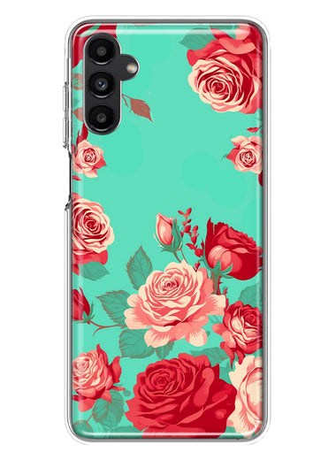 Samsung Galaxy A13 Turquoise Teal Vintage Pastel Pink Red Roses Double Layer Phone Case Cover