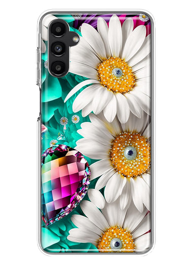 Samsung Galaxy A13 Colorful Crystal White Daisies Rainbow Gems Teal Double Layer Phone Case Cover