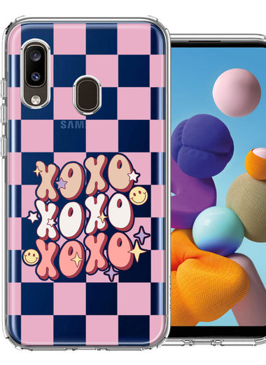Samsung Galaxy A20 Retro Pink Checkered XOXO Vintage 70s Style Hippie Valentine Love Double Layer Phone Case Cover