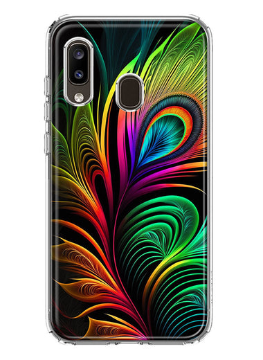 Samsung Galaxy A20 Neon Rainbow Glow Peacock Feather Hybrid Protective Phone Case Cover
